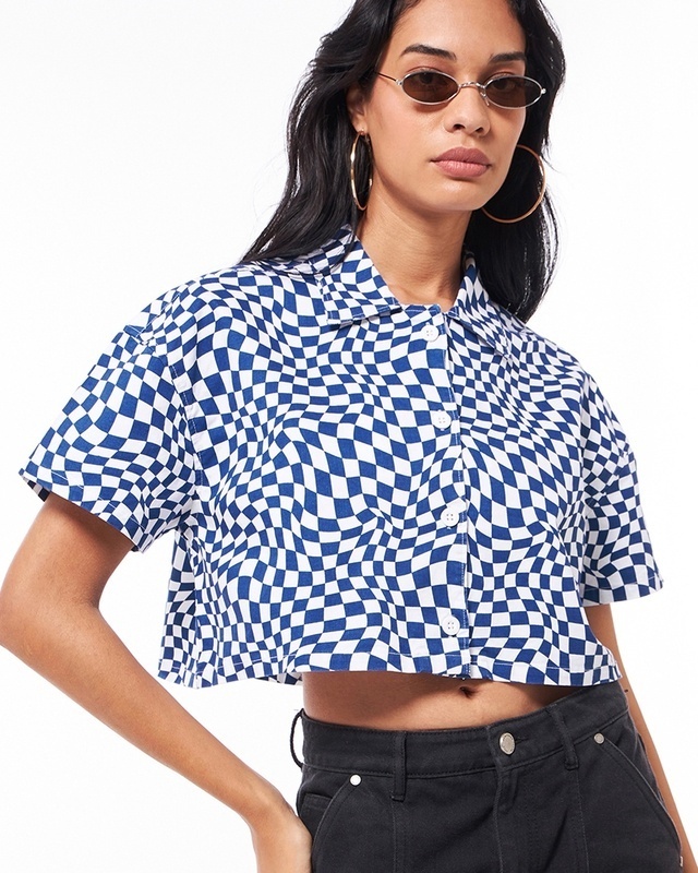 Shop Women's Blue & White All Over Printed Oversized Crop Shirt-Front