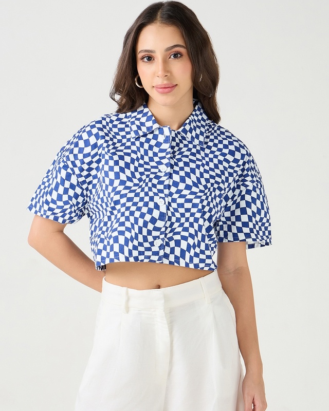 Shop Women's Blue & White All Over Printed Oversized Crop Shirt-Front