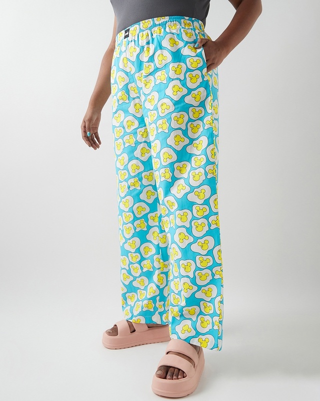Shop Women's Blue & White All Over Printed Plus Size Wide Leg Pyjamas-Front