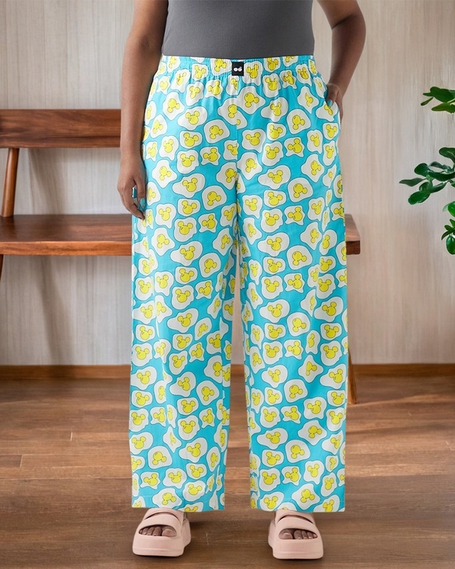 Shop Women's Blue & White All Over Printed Plus Size Wide Leg Pyjamas-Front