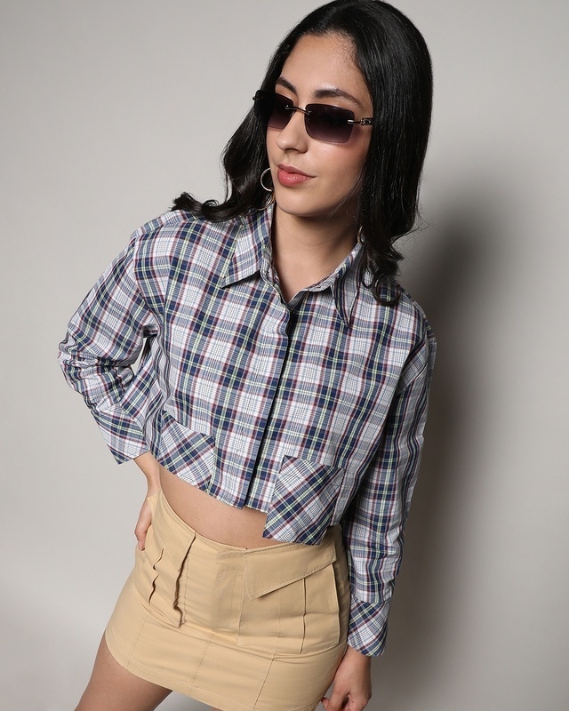 Shop Women's Blue & White Checked Crop Shirt-Front