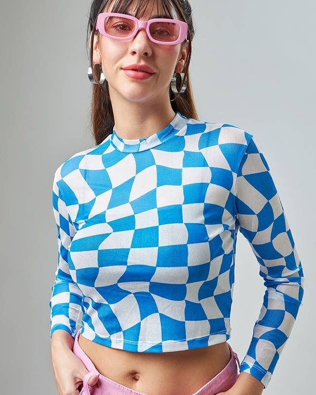 Shop Women's Blue & White Clueless Checked Slim Fit Short Top-Front