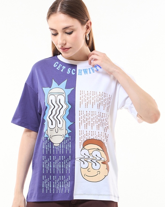 Shop Women's Blue & White Get Schwifty Graphic Printed Oversized T-shirt-Front