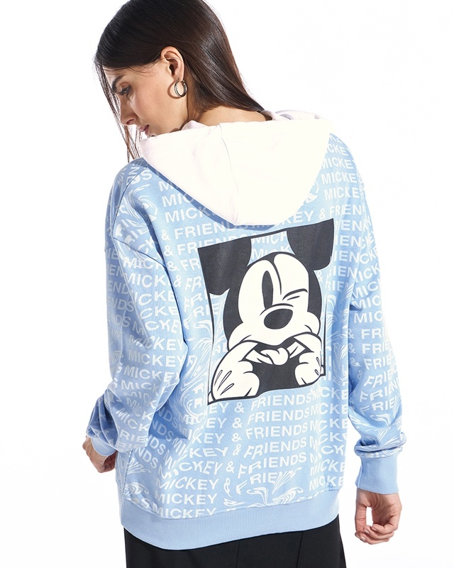 Shop Women's Blue & White Mickey Graphic Printed Oversized Hoodies-Front