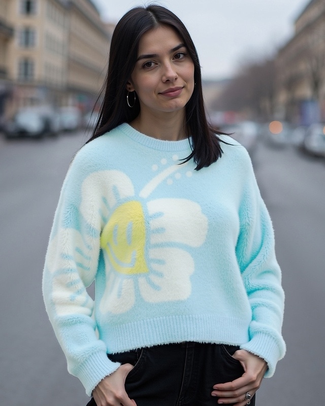 Shop Women's Blue & White Graphic Printed Oversized Sweater-Front