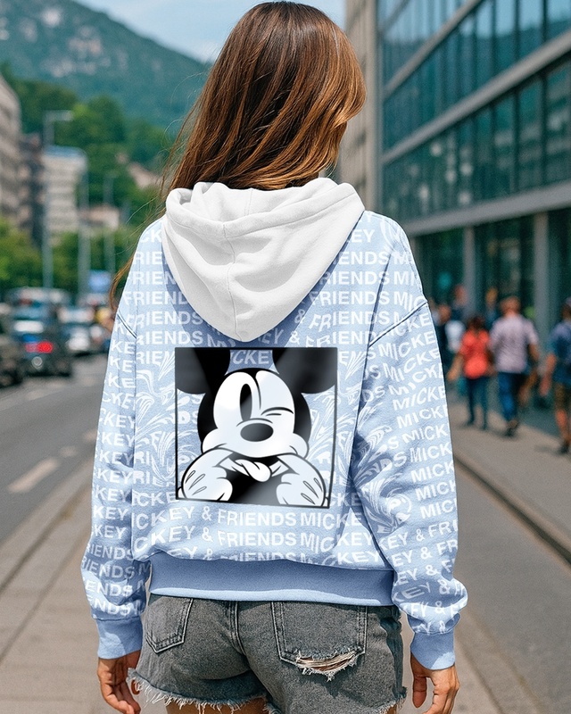 Shop Women's Blue & White Mickey Graphic Printed Oversized Hoodies-Front