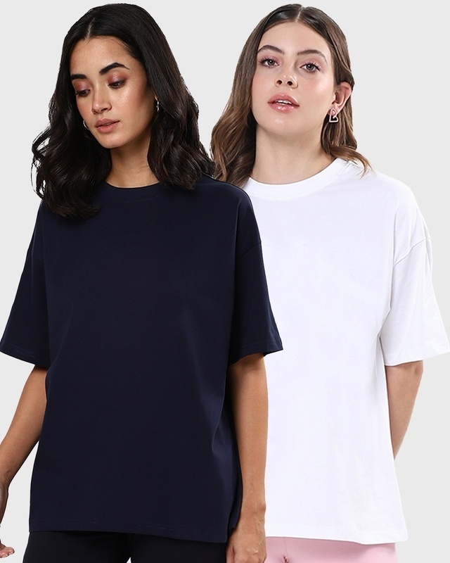 Shop Women's Blue & White Oversized T-shirt (Pack of 2)-Front