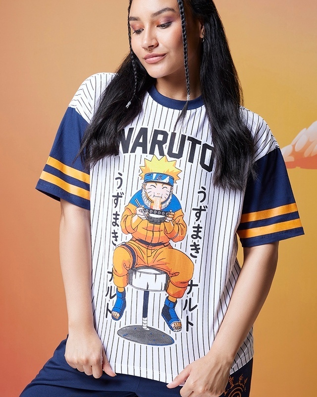 Women's Blue & White Ramen Jersey Graphic Printed Oversized T-shirt