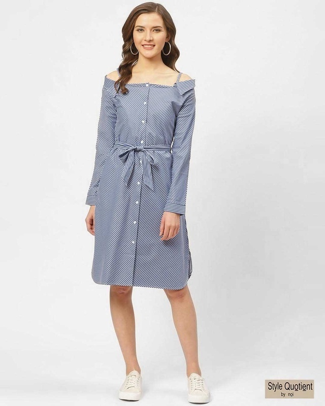 Shop Women's Blue & White Striped A Line Shirt Dress-Front