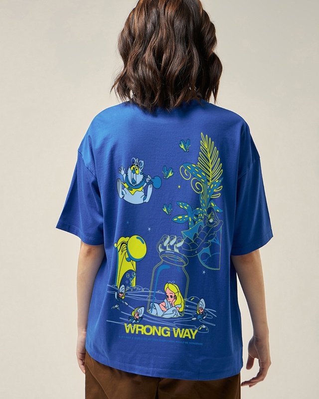 Shop Women's Blue Wrong way Graphic Printed Oversized T-shirt-Front