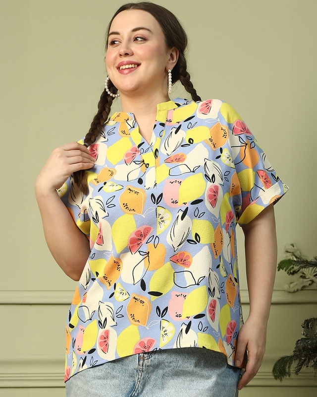 Shop Women's Blue & Yellow All Over Printed Plus Size Top-Front