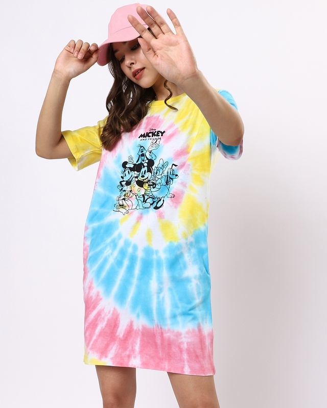 Shop Women's Blue & Yellow Mickey and Friends Tie & Dye Oversized Dress-Front