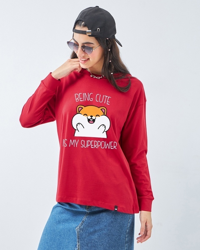 Shop Women's Bold Red Being Cute is My Super Power Graphic Printed Oversized T-shirt-Front