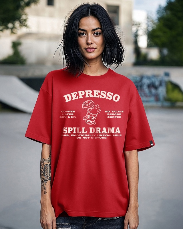 Shop Women's Bold Red Depresso Typography Oversized T-shirt-Front