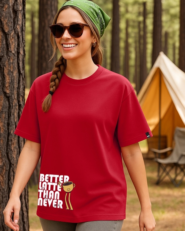 Women's Bold Red Latte Typography Oversized T-shirt-Front Bewakoof Shop Women's Bold Red Latte Typography Oversized T-shirt-Front