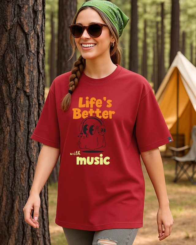 Shop Women's Bold Red Life's Better Graphic Printed Oversized T-shirt-Front