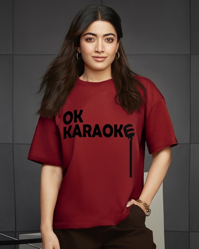 Women's Bold Red OK Karaoke Typography Oversized T-shirt