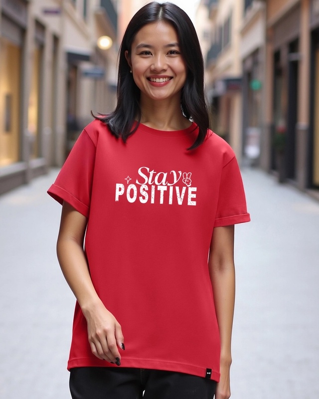 Women's Bold Red Stay Positive Typography Boyfriend T-shirt-Front Bewakoof Shop Women's Bold Red Stay Positive Typography Boyfriend T-shirt-Front