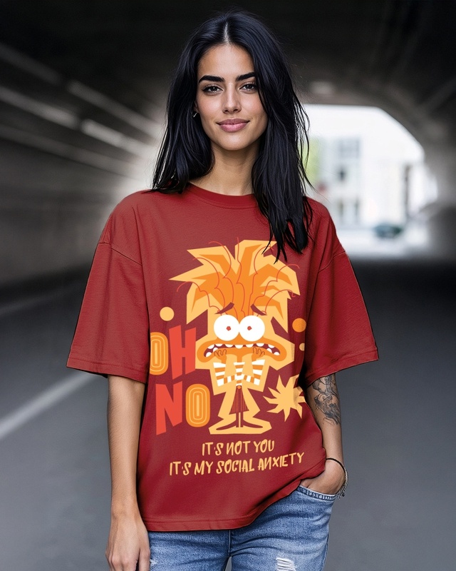 Shop Women's Brick Red Oh No Anxiety Graphic Printed Oversized T-shirt-Front