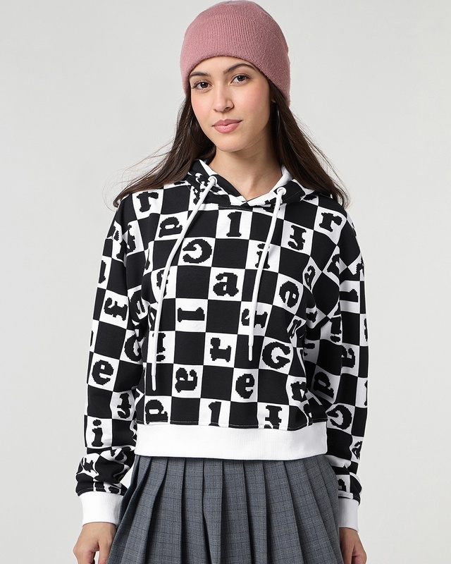 Shop Women's Bright White & Black All Over Printed Oversized Hoodies-Front