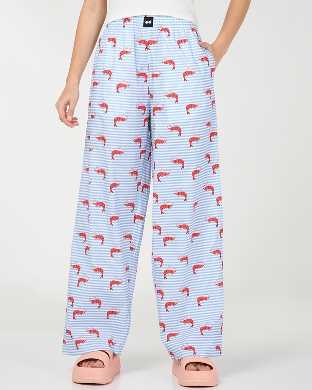Shop Women's Blue All Over Printed Wide Leg Pyjamas-Front