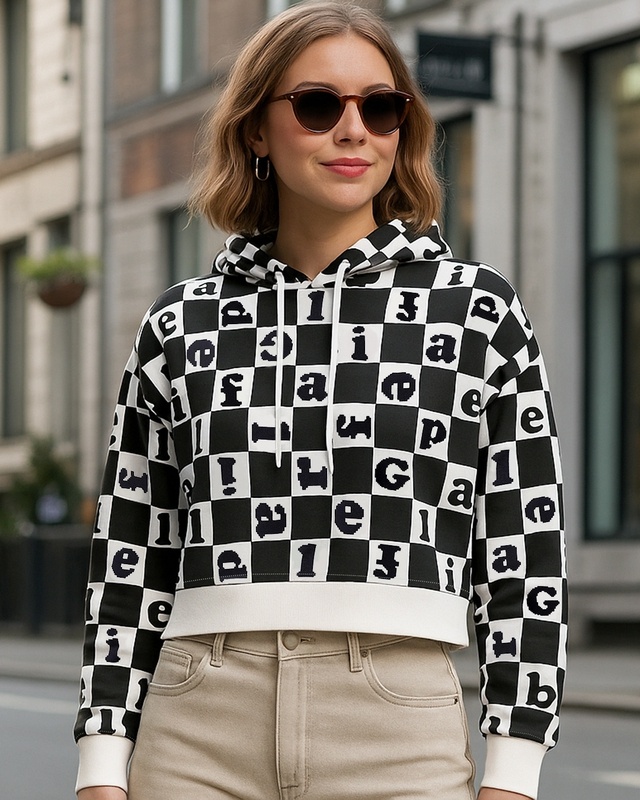 Shop Women's Bright White & Black All Over Printed Oversized Hoodies-Front