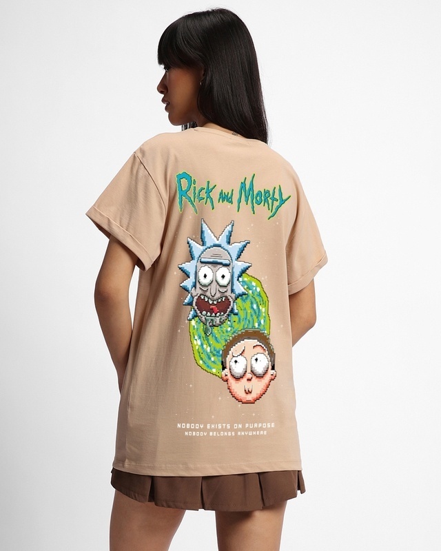 Shop Women's Brown 8 Bit Rick and Morty Graphic Printed Boyfriend T-shirt-Front
