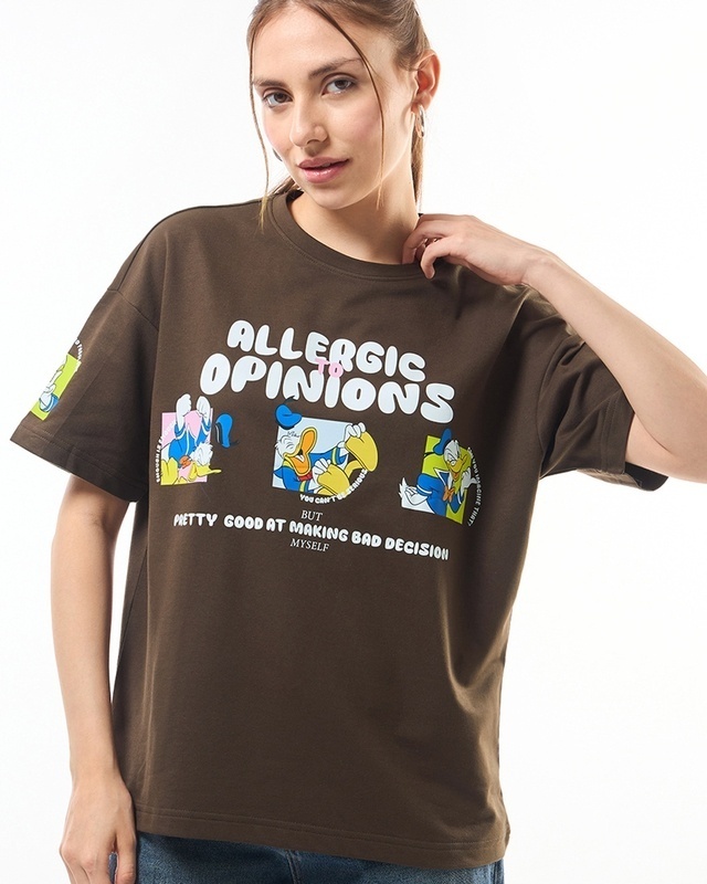 Shop Women's Brown Allergic To Opinion Graphic Printed Oversized T-shirt-Front