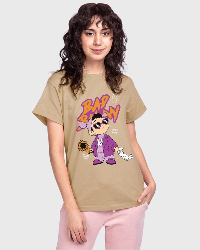 Shop Women's Brown Bad Bunny Graphic Printed Boyfriend T-shirt-Front