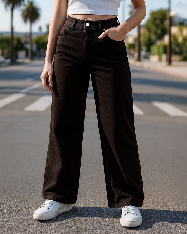 Shop Women's Brown Baggy Wide Leg Jeans-Front