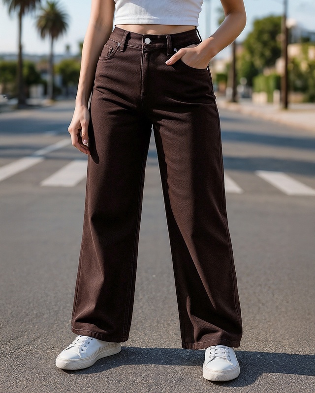Shop Women's Brown Baggy Wide Leg Jeans-Front