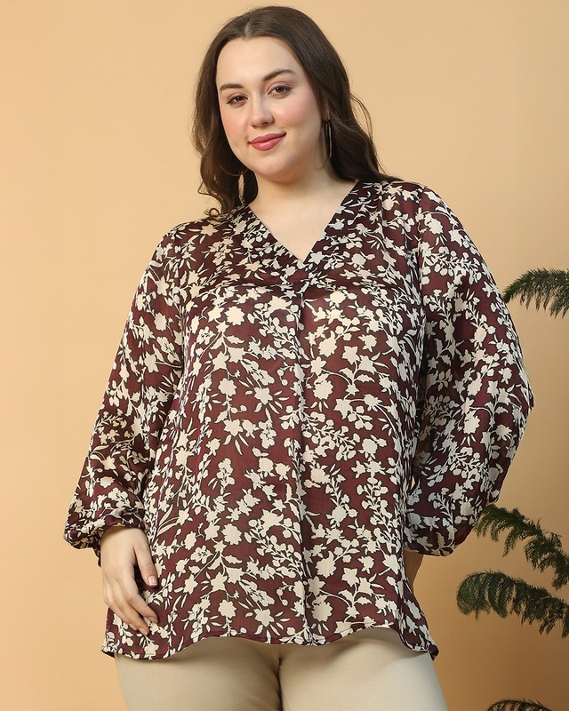 Shop Women's Brown & Beige Floral Printed Plus Size Top-Front