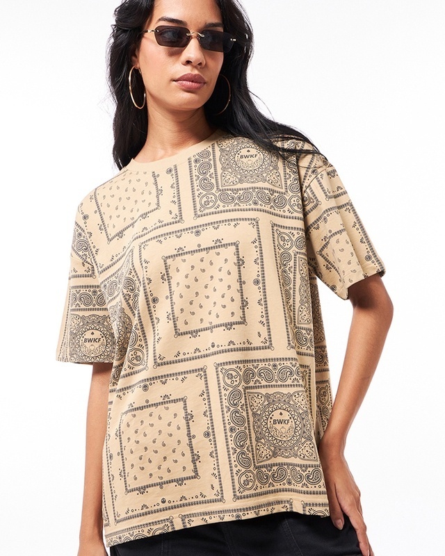 Shop Women's Brown & Black All Over Printed Oversized T-shirt-Front