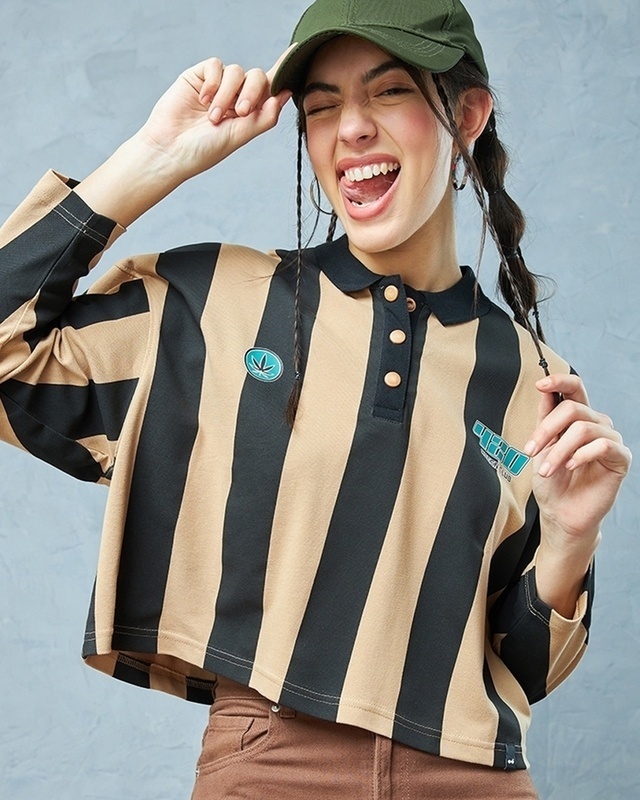 Shop Women's Brown & Black Striped Oversized Polo T-shirt-Front