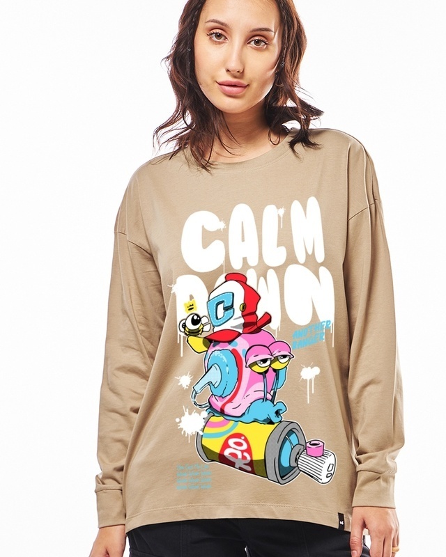 Shop Women's Brown Calm Down Graphic Printed Oversized T-shirt-Front