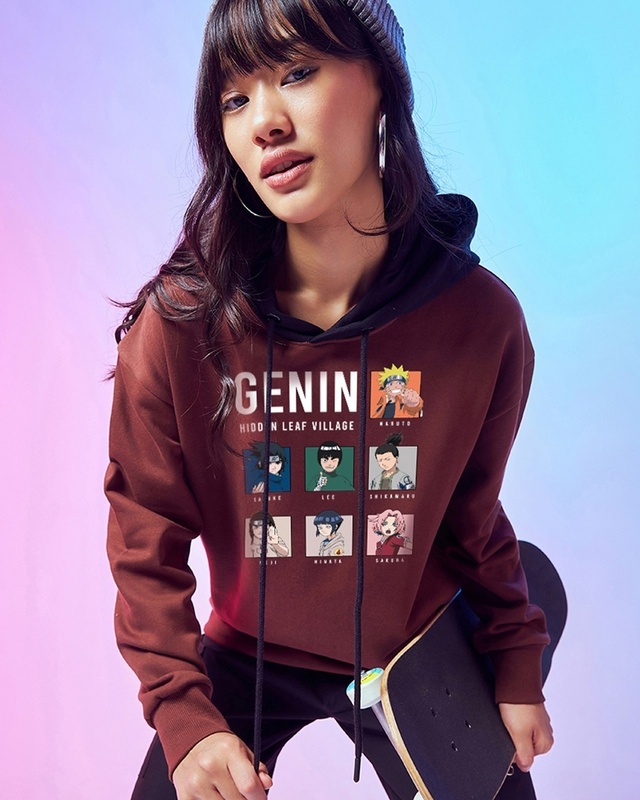 Shop Women's Brown Genins Graphic Printed Oversized Hoodies-Front