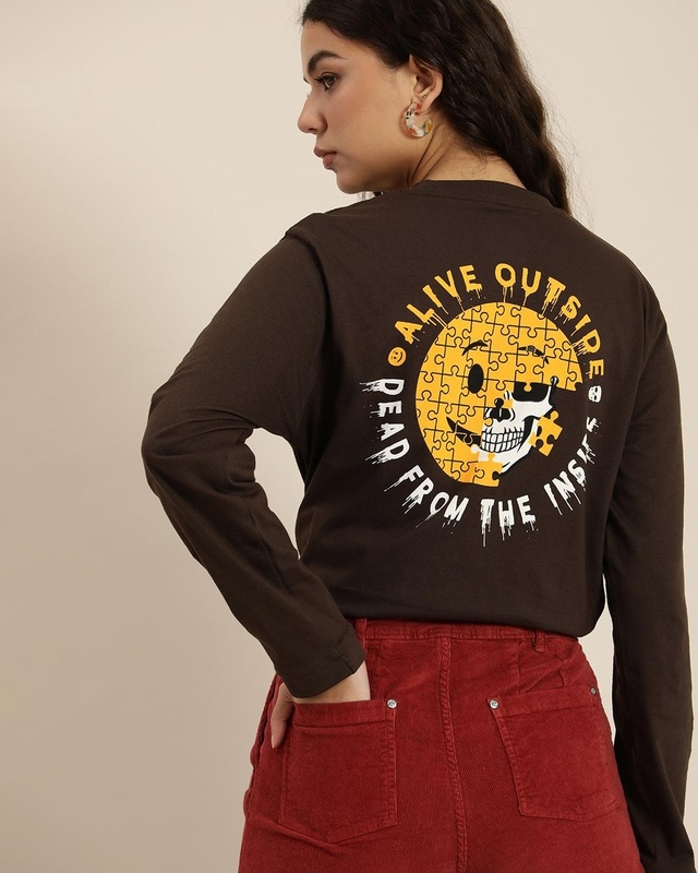 Shop Women's Brown Graphic Printed Oversized T-shirt-Front