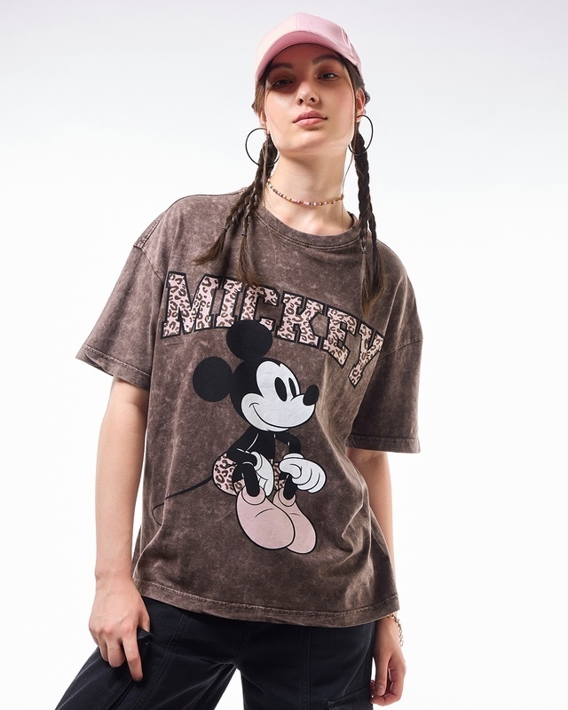 Shop Women's Brown Mickey Graphic Printed Oversized Acid Wash T-shirt-Front