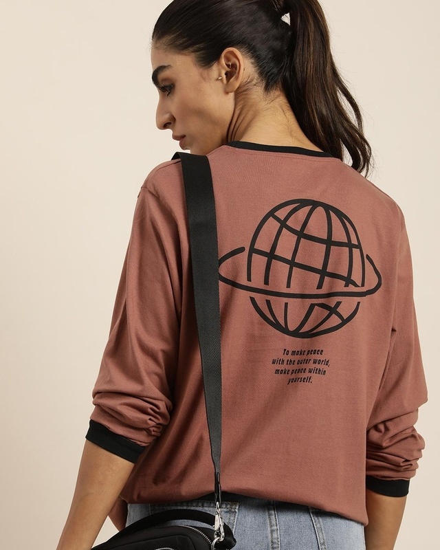 Shop Women's Brown Graphic Printed Oversized T-shirt-Front