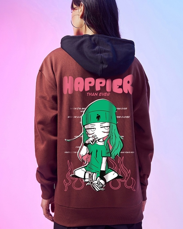 Shop Women's Brown Happier Graphic Printed Oversized Hoodies-Front