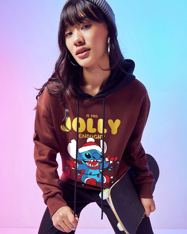 Shop Women's Brown Jolly Enough Graphic Printed Oversized Hoodies-Front