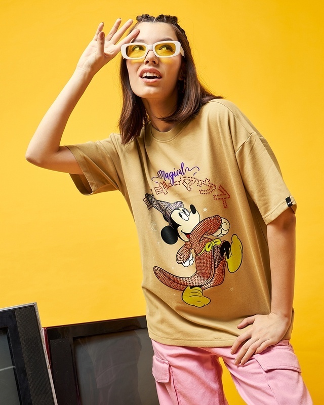 Shop Women's Brown Magical Mickey Graphic Printed Oversized T-shirt-Front