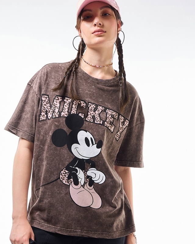 Shop Women's Brown Mickey Graphic Printed Oversized Acid Wash T-shirt-Front