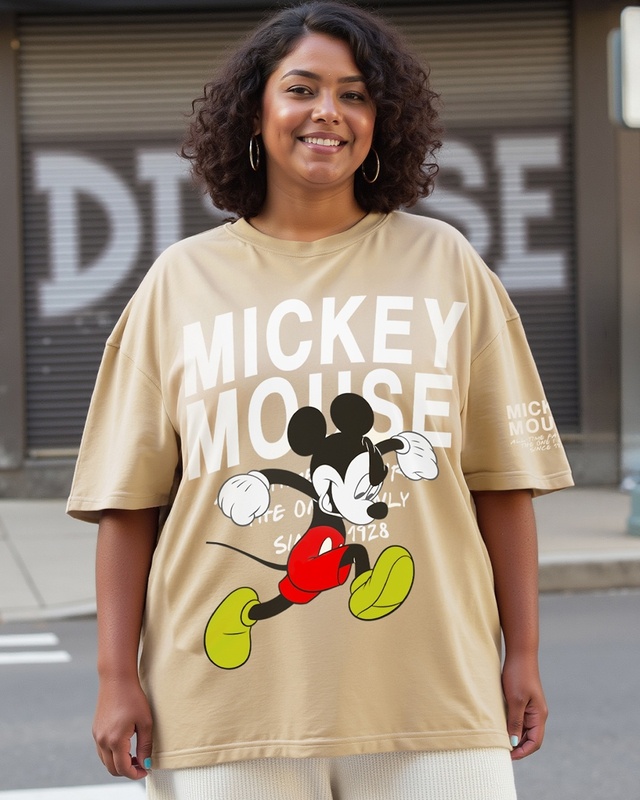 Shop Women's Brown Mickey Jumps Graphic Printed Oversized Plus Size T-shirt-Front