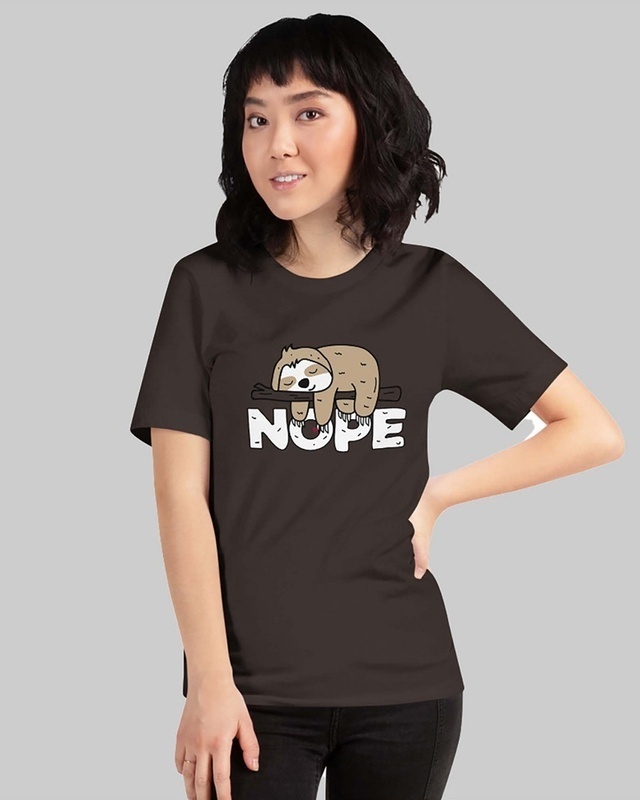 Shop Women's Brown Nope Sloth Typography Loose Fit T-shirt-Front
