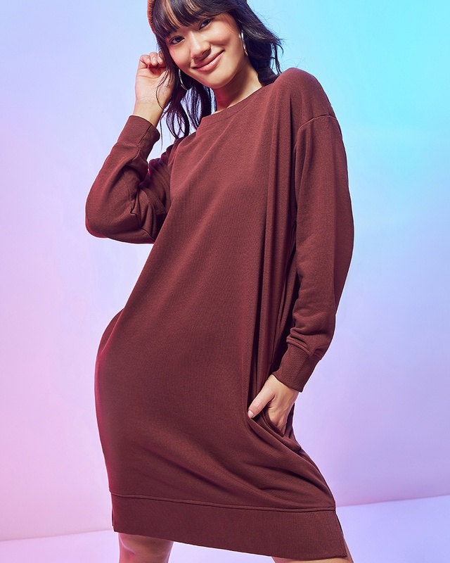 Shop Women's Brown Oversized Sweatshirt Dress-Front