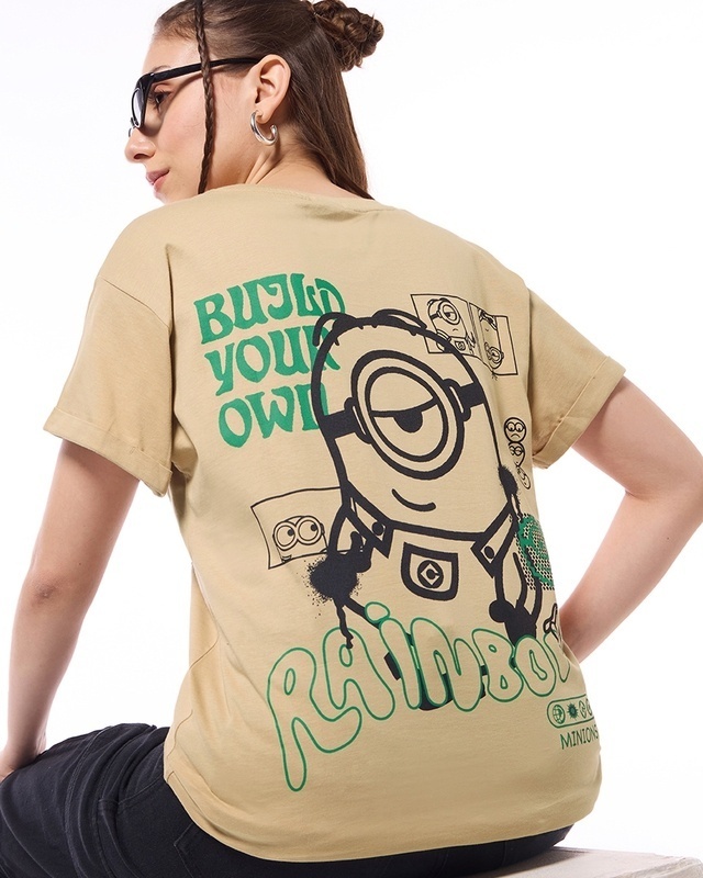 Shop Women's Brown Rainbow Minion Graphic Printed Boyfriend T-shirt-Front