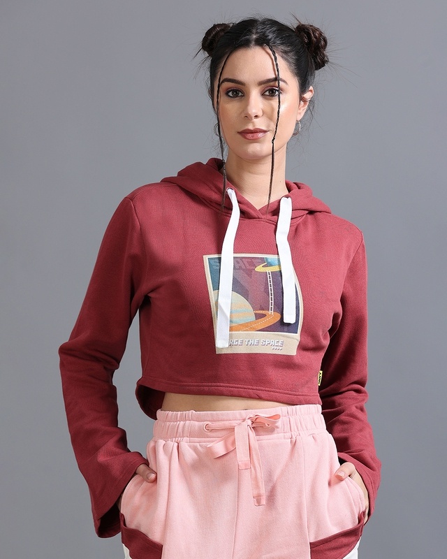Women's Brown Space Graphic Printed Cropped Hoodies