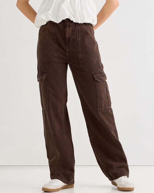 Shop Women's Brown Straight Fit Acid Wash Cargo Jeans-Front