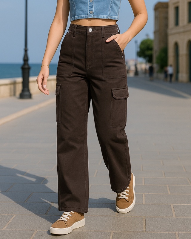 Shop Women's Dark Brown Straight Fit Cargo Jeans-Front